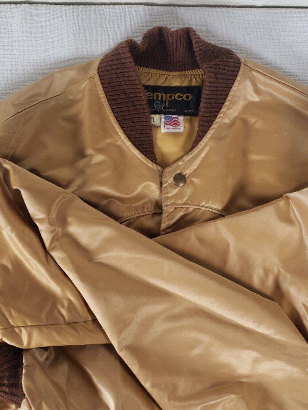 Vintage Tempco Quilted Jacket Mens L Tan Brown USA Made Snap Front Coat